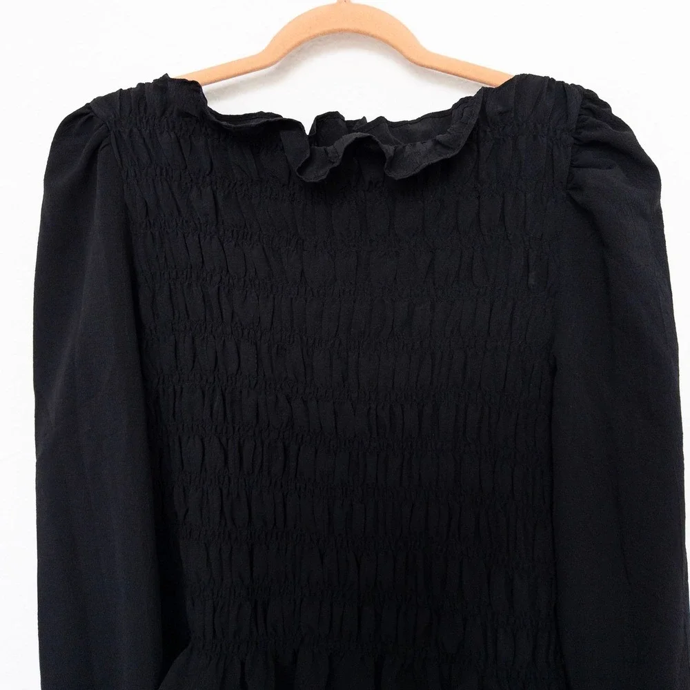 Womens Off Shoulder Smocked Blouse M Black Ruffle Long‎ Sleeve Romantic Cottage
